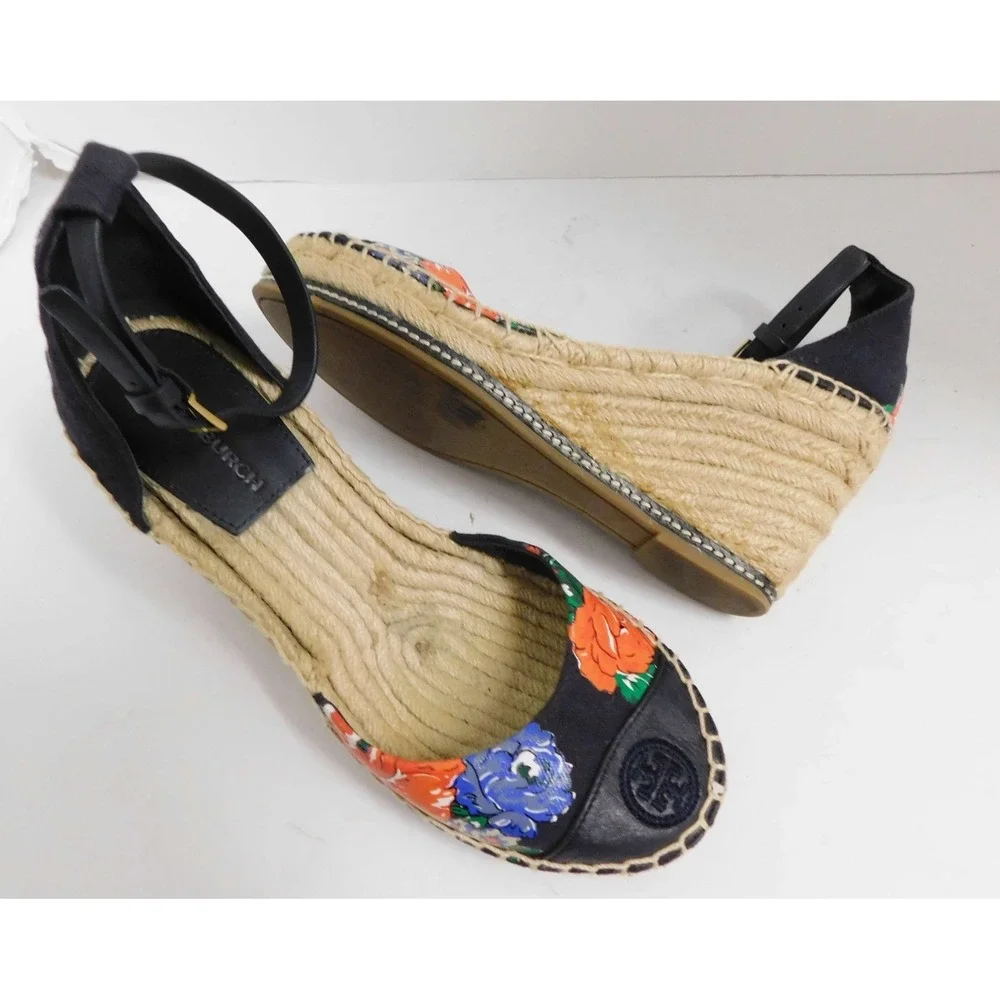 Tory Burch‎ Floral Espadrille Wedge Logo Toe Cap Sandals 7